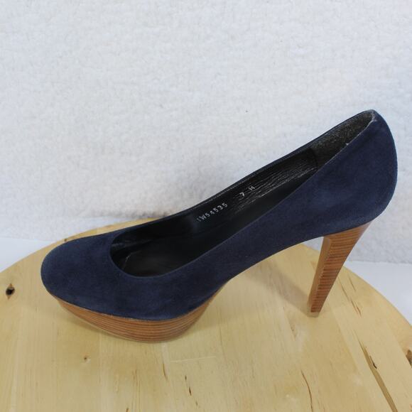 Stuart Weitzman Suede Pumps Womens Size 7 Blue Classic Heels Platform Wood - Picture 10 of 11
